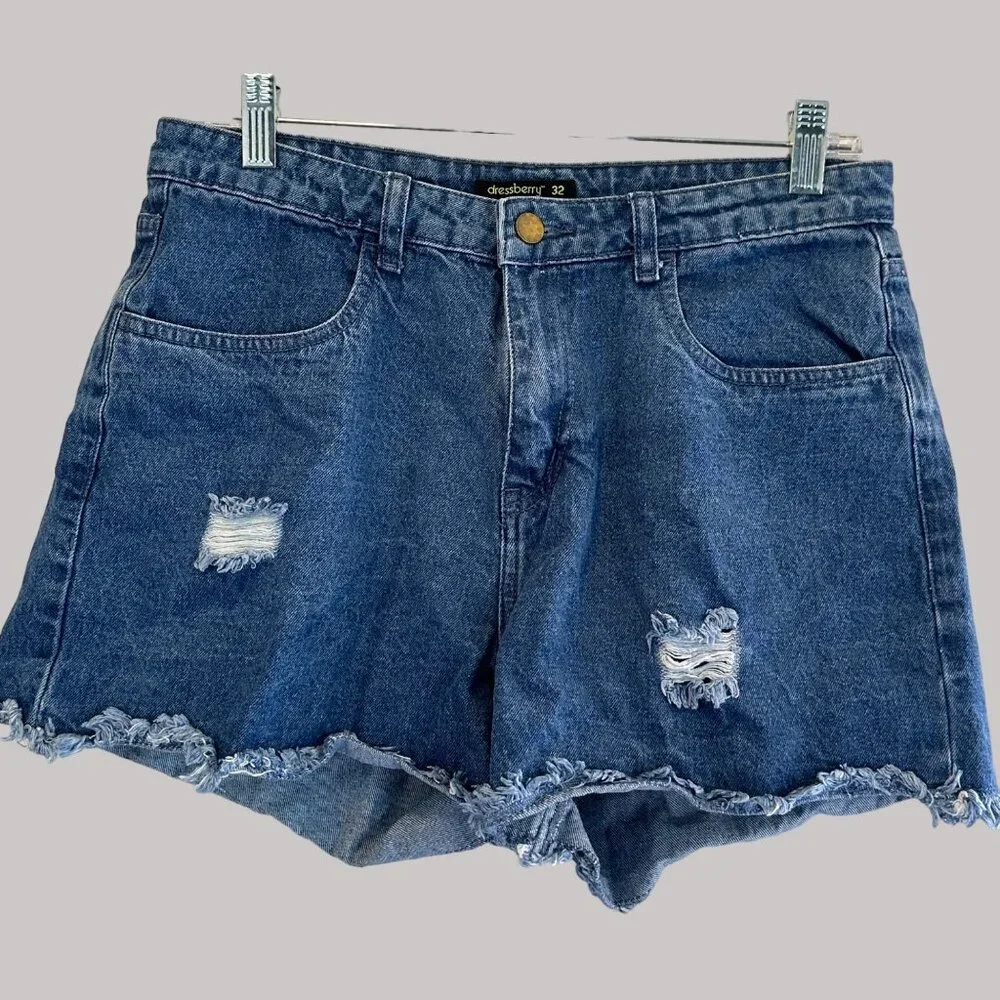 Dressberry Distressed Women's Cotton Denim Shorts 32 W/ Frayed Hem & Pockets